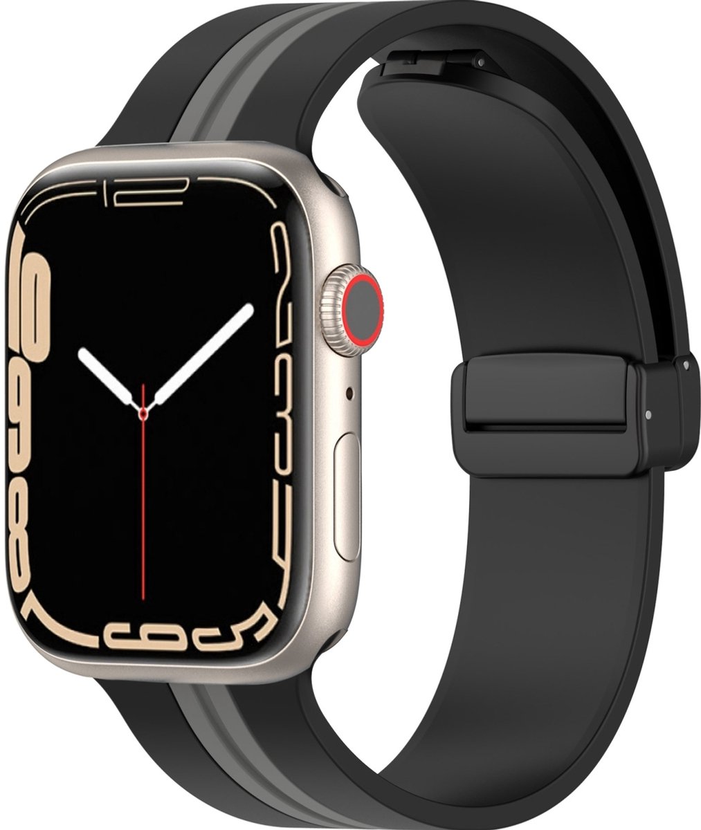 Mobigear Siliconen Watch bandje geschikt voor Apple Watch Bandje Magneetsluiting | Mobigear Stripe Mag - 42/41/40/38 mm - Zwart / Grijs