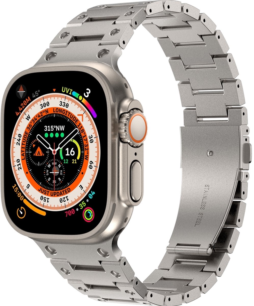 Mobigear Stalen Watch bandje geschikt voor Apple Watch Bandje Vouwsluiting | Mobigear Amsterdam - 42/41/40/38 mm - Titanium