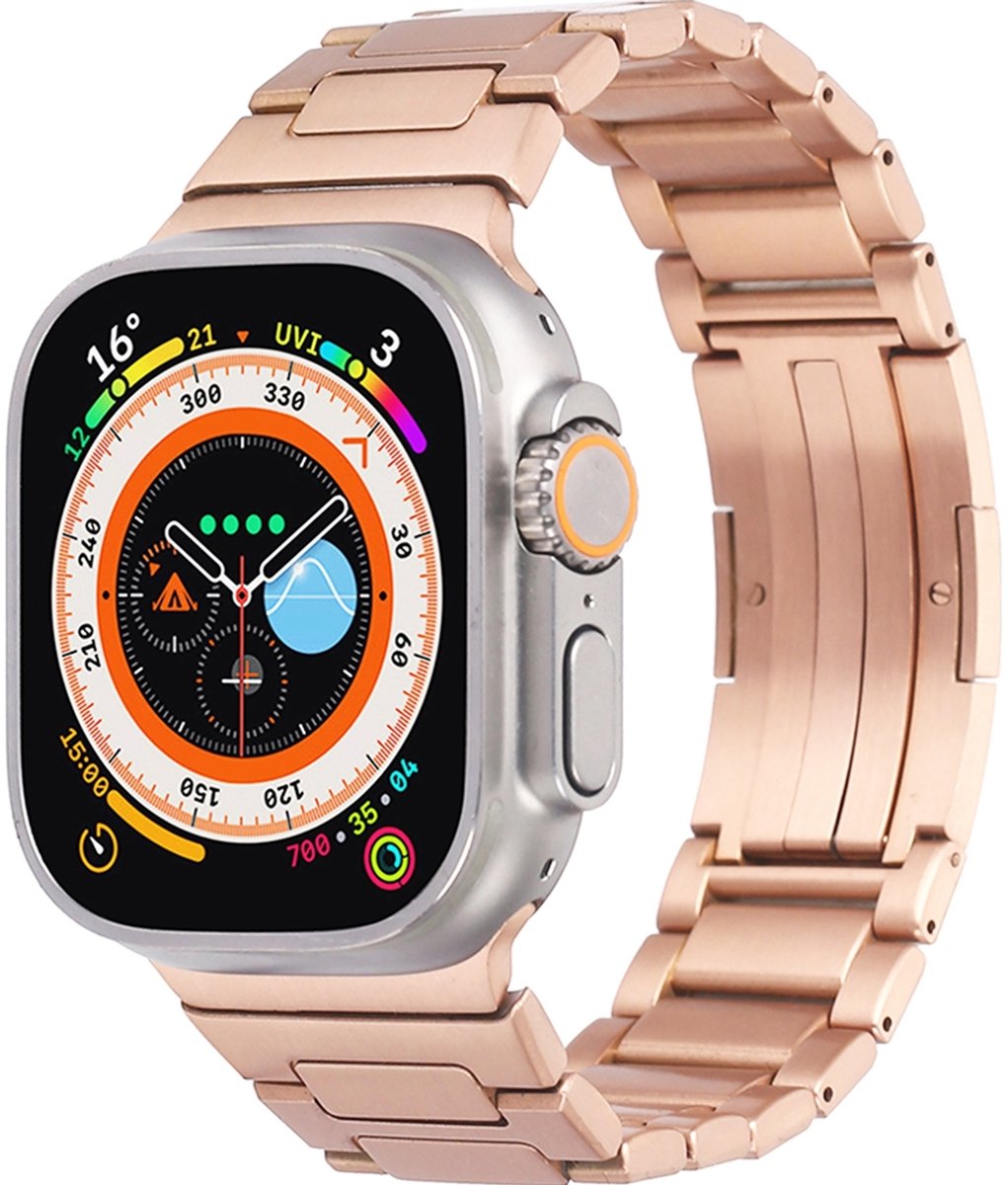 Mobigear Stalen Watch bandje geschikt voor Apple Watch Bandje Vouwsluiting | Mobigear Berlin - 49/46/45/44 mm - Roségoud