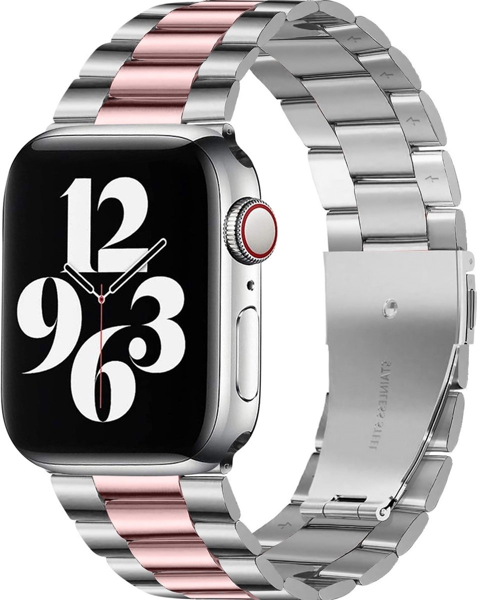 Mobigear Stalen Watch bandje geschikt voor Apple Watch Bandje Vouwsluiting | Mobigear Antwerp - 49/46/45/44 mm - Roze / Zilver