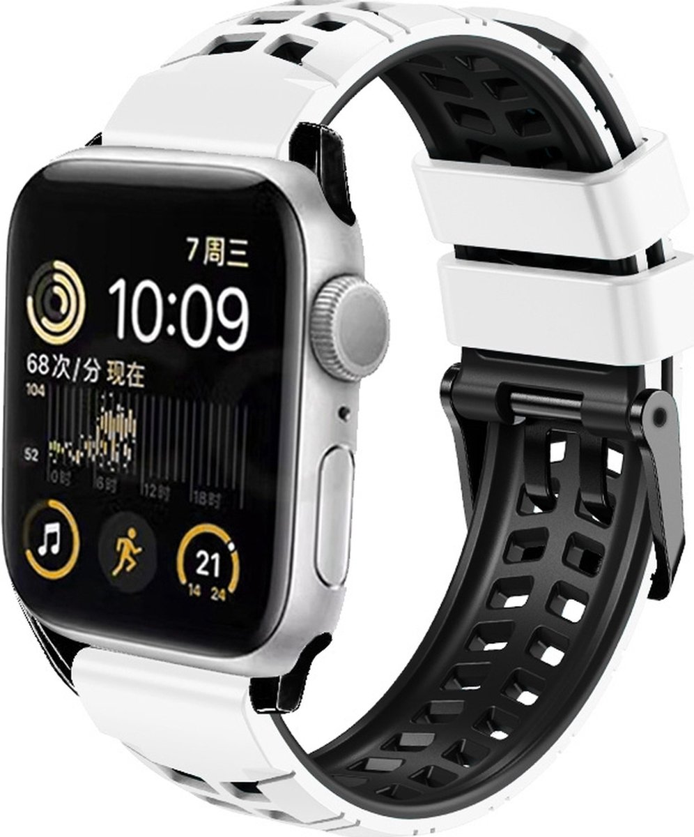 Mobigear Siliconen Watch bandje geschikt voor Apple Watch Bandje Gespsluiting | Mobigear Aero Armor - 49/46/45/44 mm - Zwart / Wit