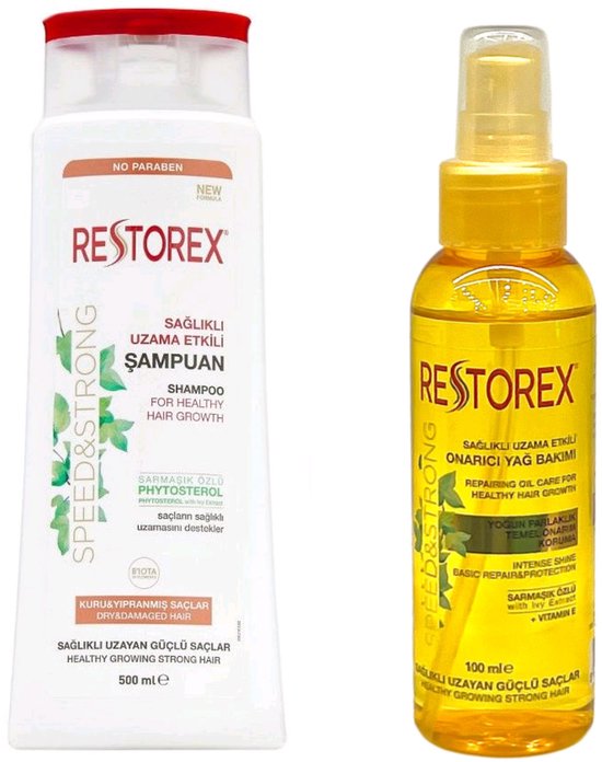 Restorex - Speed & Strong Haarverzorging set - Shampoo 500ml + Haarverzorgingsolie 100ml - voor droog haar - Herbal shampoo - Bio shampoo - Haarolie- haarverzorging