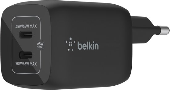 Belkin - Boost-Up Charge Pro Adapter - 2-poorts - USB-C - 65W - Zwart