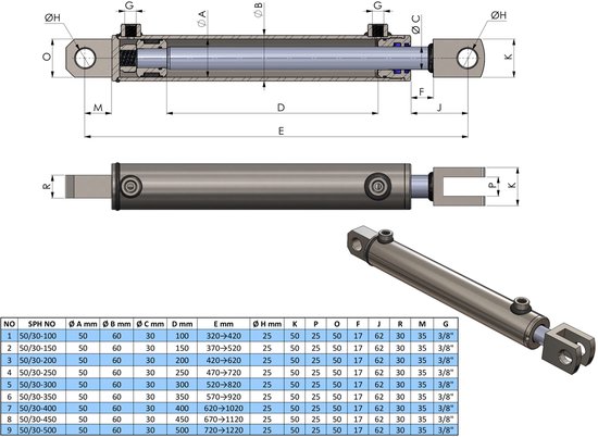 Hydraulische Cilinder Dubbelwerkend met Gaffel 50/30-300