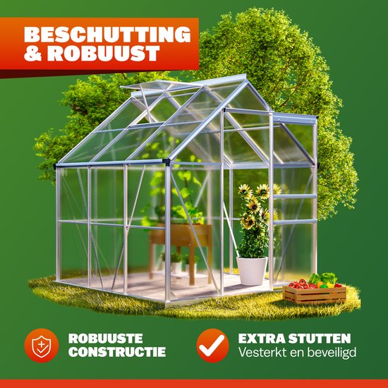 Glazen kas met aluminium frame, dubbele schuifdeur, ventilatieraam en tomatenplanten.