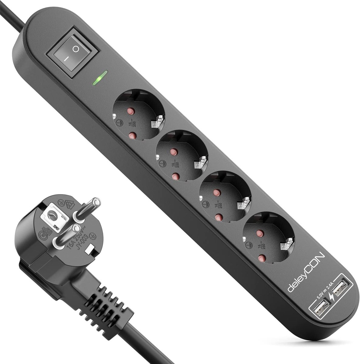 Contactdoos met 4 Steckdosen & 2x USB-A - 1,5m Stopcontactstrip met Overspanningsbeveiliging