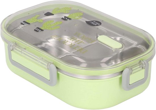 Lunchbox van roestvrij staal 304, geïllustreerde stijl, waterdicht, 2 vakken, warmte-isolerende voering, bento lunchbox, voedselcontainer voor schoolkinderen (cactus groen transparant