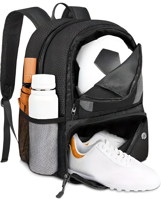 CarryQuest® - Ultieme Voetbaltas - Voetbalrugzak met schoenen vak en bal vak - lichte Sportrugzak - Jongens en Meisjes - Basketbalrugzak - Waterdicht - Basketbal - Volleybal - Voetbal - Zwart