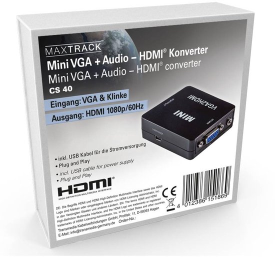 Cable Vga Vers Hdmi Adaptateur VGA Vers HDMI MAXTRACK - Plug & Play 1080p 60Hz, Pour PC, Projecteur, Moniteur