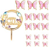 Roze taarttopper voor een meisje met vlinders, te personaliseren met voornaam en leeftijd. Witte, roze en gouden taartdecoratie, 1 jaar oud. - Nederland