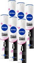 Voordeelverpakking van zes Nivea Black & White Invisible Original anti-transpirant deodorant spuitbussen.