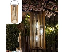 Gadgy Solar Tuinverlichting op Zonne-energie – Rotan Lantaarn voor Buiten – Hanglamp of Tafellamp – Spatwaterdicht – Sfeerverlichting voor Tuin, Balkon of Terras – Bruin – Ø17 x 41 cm – Dag/Nacht Sensor