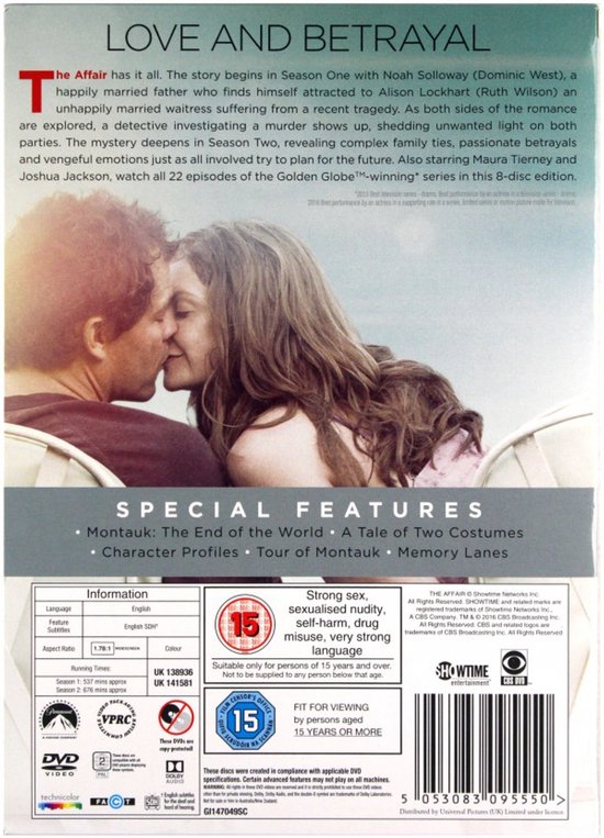 DVD-cover van The Affair, met een man en vrouw die elkaar kussen. The Affair Love and Betrayal.