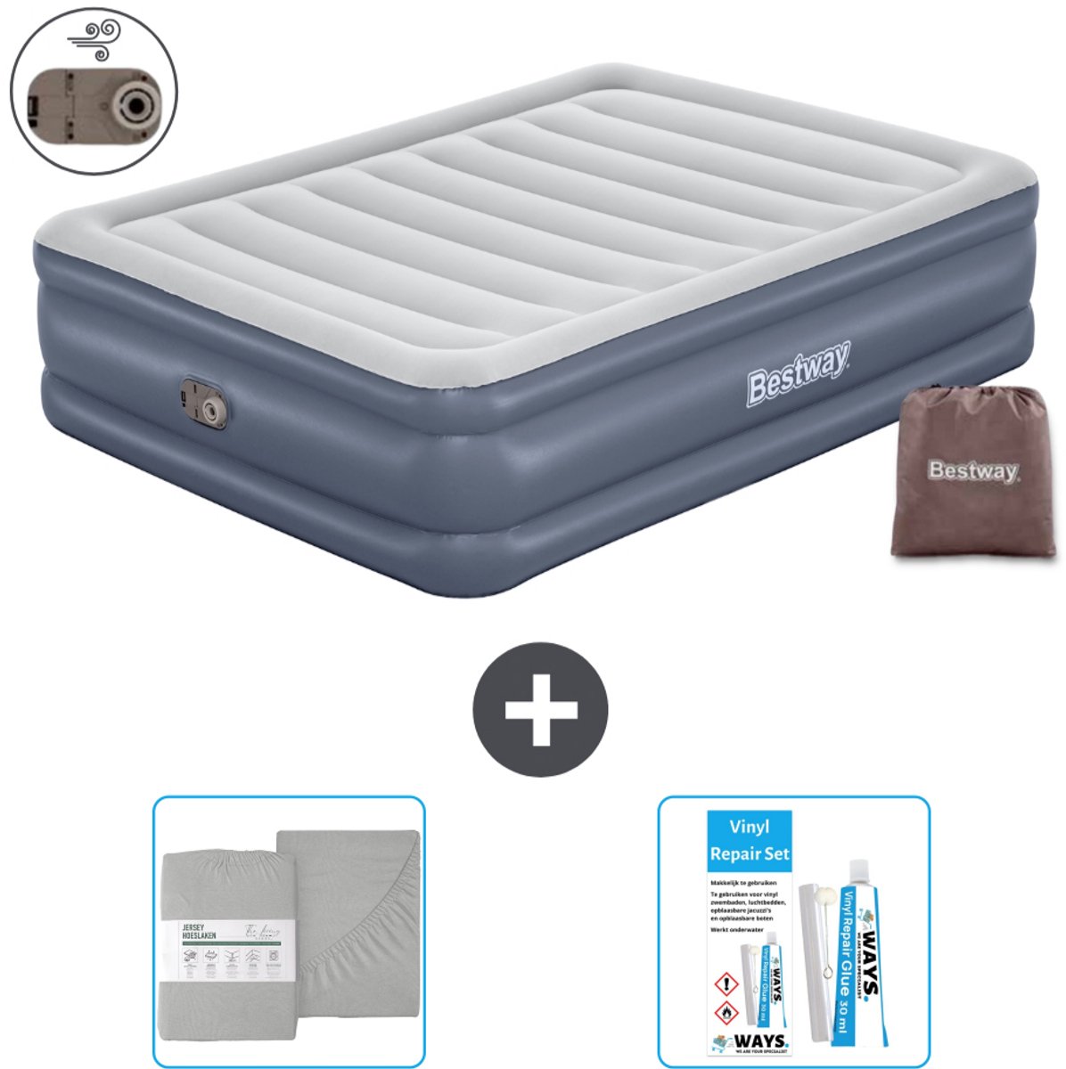 Bestway luchtbed - 2-Persoons - 152 x 203 x 51 cm - Grijs - Inclusief pomp - Hoeslaken en Reparatieset