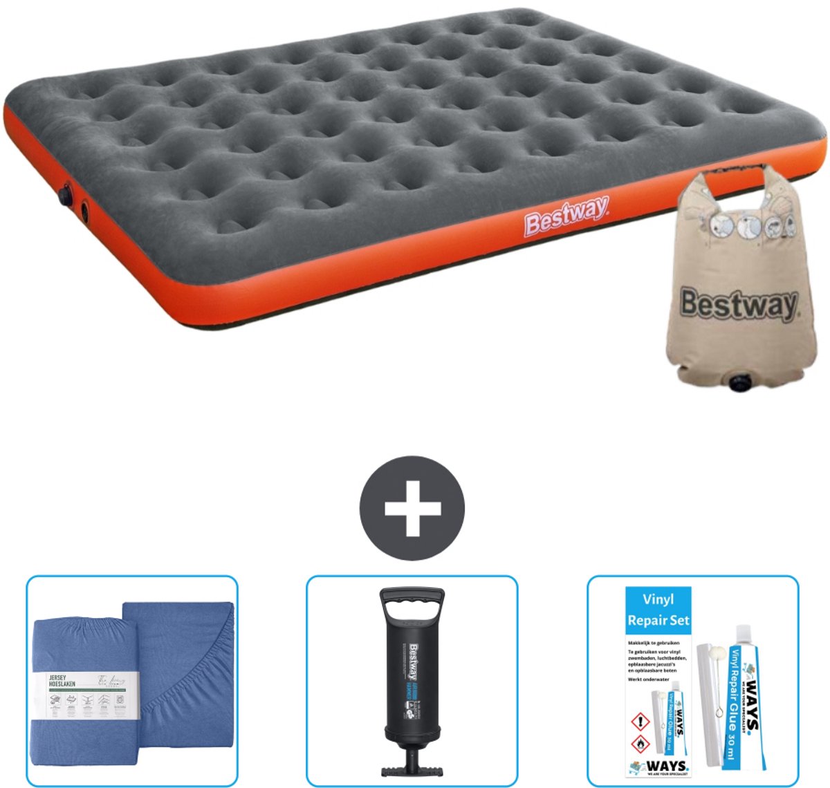 Bestway luchtbed - 2-Persoons - 152 x 203 x 22 cm - Grijs/Oranje - Inclusief Hoeslaken - Pomp en Reparatieset