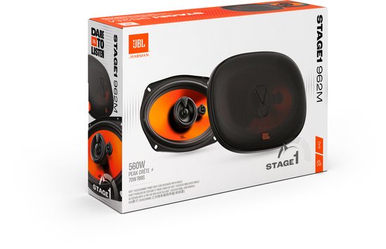 Verpakking met twee JBL Stage 1 962M ovale luidsprekers. De luidsprekers hebben een zwarte grille en oranje conussen. 560W piekvermogen, 70W RMS.
