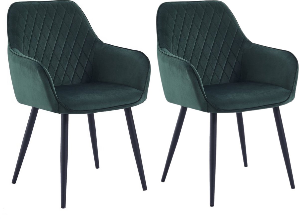 Colenis Beverly Eetkamerstoel - Set Van 2 - Groen - Fluweel - Velvet - Industrieel - Met armleuning