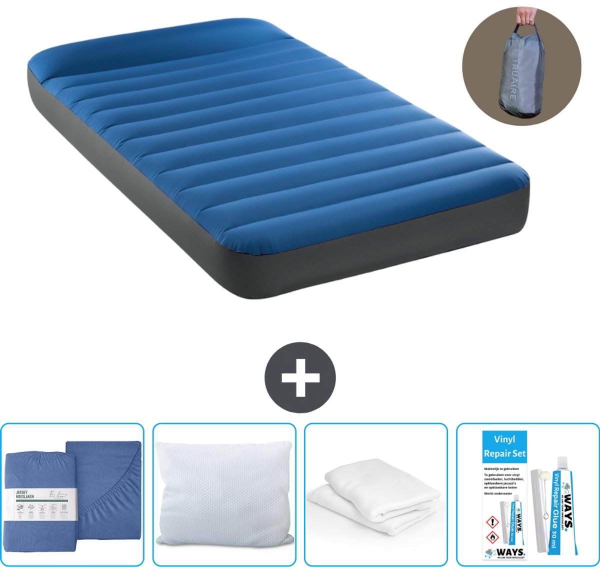 Intex Luchtbed - 1-Persoons - 99 x 191 x 22 cm - Blauw - Inclusief pomp - Hoeslaken - Kussen - Reparatieset en Kussenbeschermer
