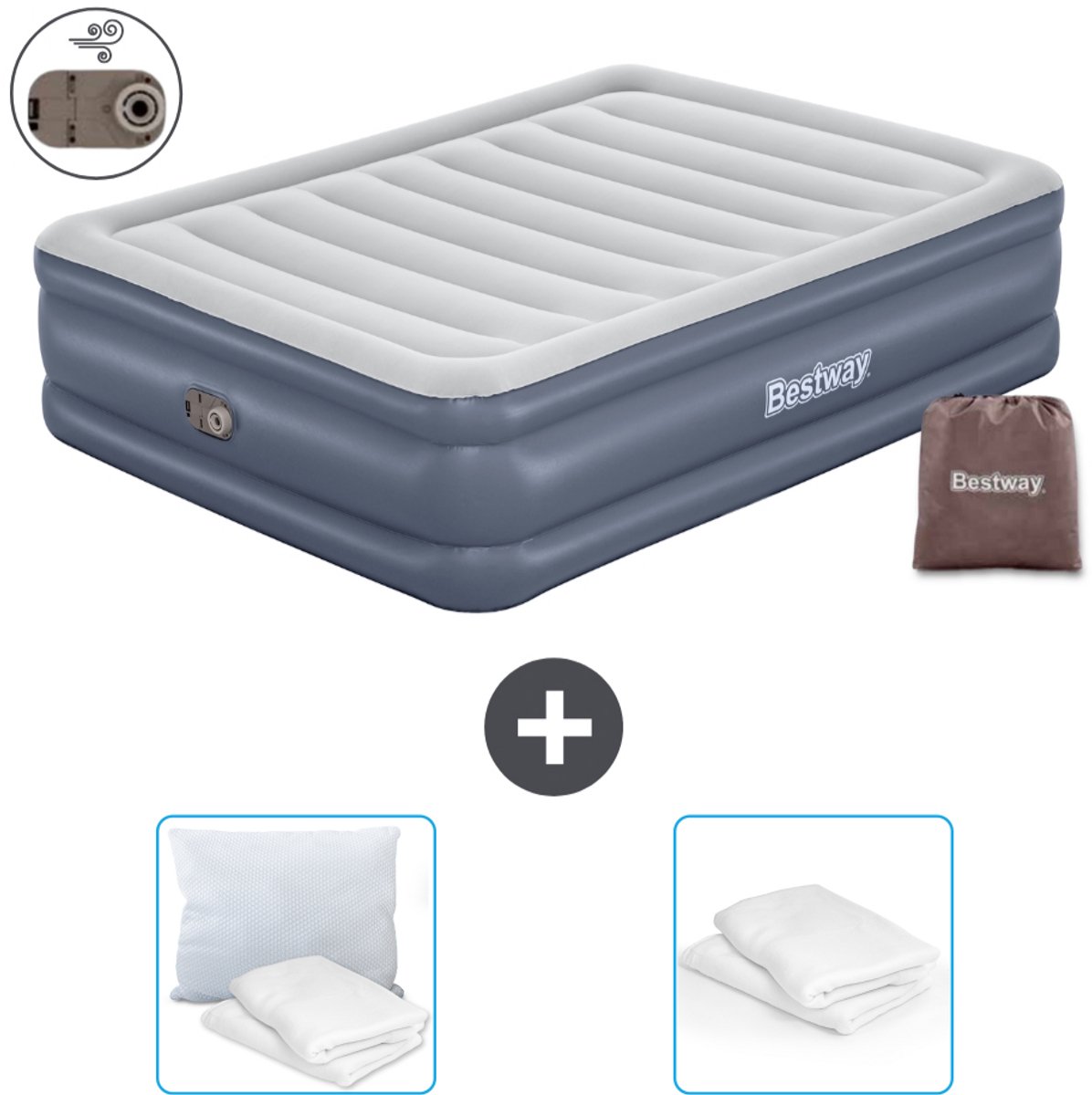 Bestway luchtbed - 2-Persoons - 152 x 203 x 51 cm - Grijs - Inclusief pomp - Kussen en Kussenbeschermer