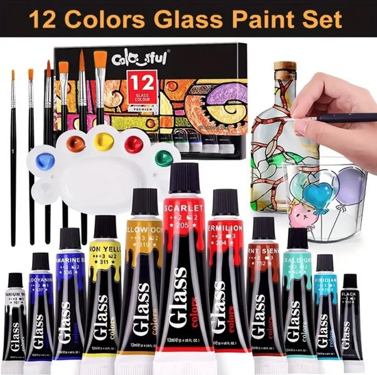 12x12ml Sneldrogende Glasverf Set – Met 6 Penselen & 1 Palet – Waterdichte...