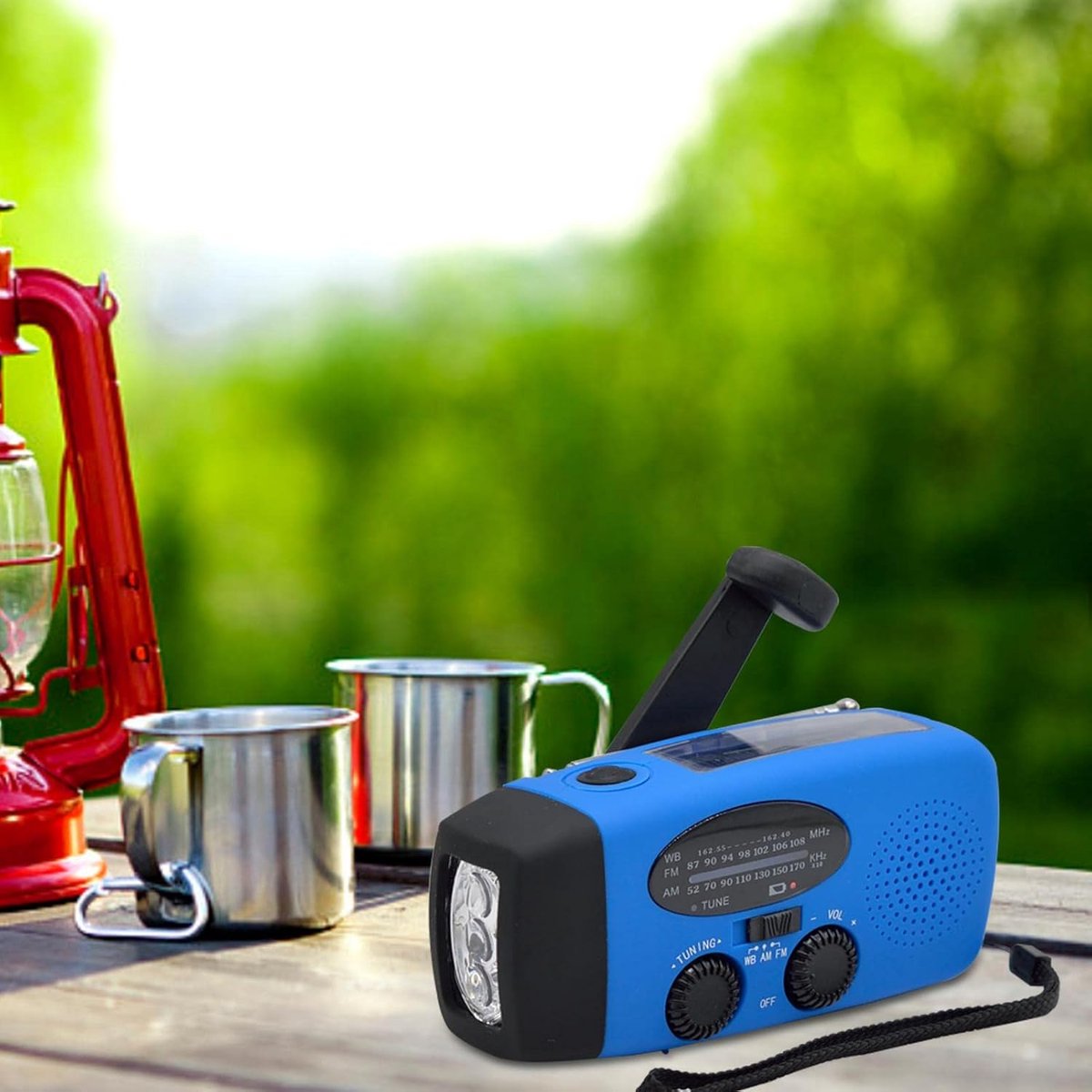 FM/AM/WB - Solar - Zaklamp - Powerbank- mini-noodoverlevingsradio op zonne - Noodradio Op Batterijen -energie - met 3 LED's Superheldere zaklamp 2000mAh batterij - aangedreven powerbank Smartphone-oplader - blauw – foto 3
