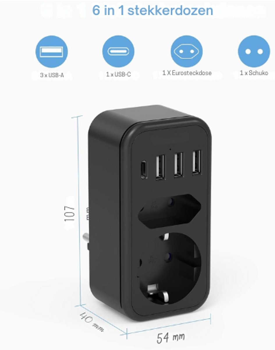 TESSAN USB Aansluiting, Wandcontactdoos met 3 Stopcontacten en 2 USB