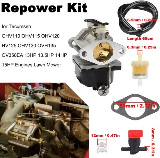 Geschikt voor Carburateurset voor Tecumseh 640065A 640065 OV358EA OVH135 OHV110 OHV115 OHV120 OHV125 OHV130 50-654 13-15 pk grasmaaier, met brandstofleidingpakking van Merkloos	 — afbeelding 2