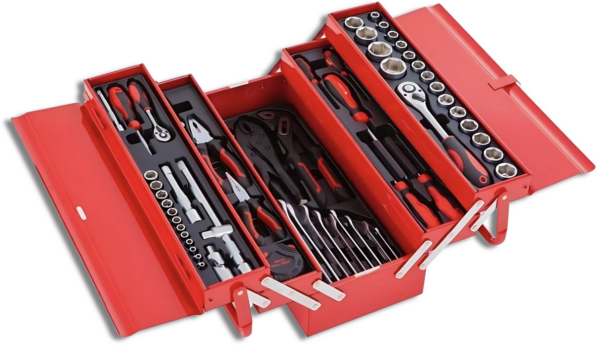 Gereedschapskist Gevuld 79-delig – Uitklapbaar & Compact | Ringsteeksleutels (8–22 mm), Schroevendraaiers (PH & SL), Ratelset (¼″ & ½″), Doppensets, Tangen, Booraccessoires & Rolmaat – Stevig Pletstaal, 13 kg