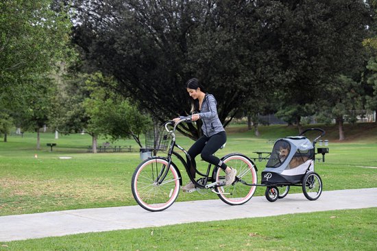 Vrouw op fiets met hondenbuggy in een park.