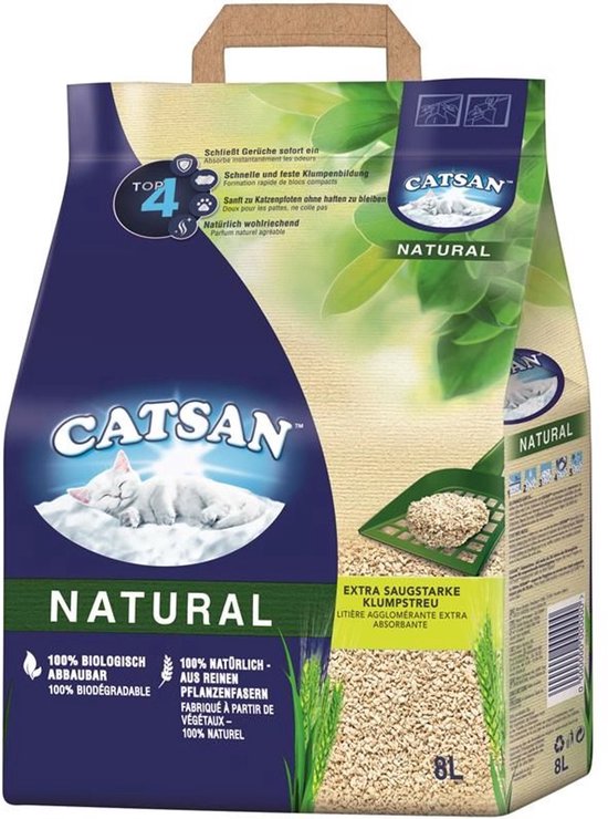 Catsan Natural klontvormende kattenbakvulling met witte kat op wolk, tarwe, groene bladeren en schep.