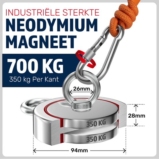 Uolor Magnetische visset - 300 kg dubbelzijdige neodymium-magneten, vismagneten, supersterke magneten voor magnetische vissen met touwen, schroefbescherming, karabijnhaken en handschoenen