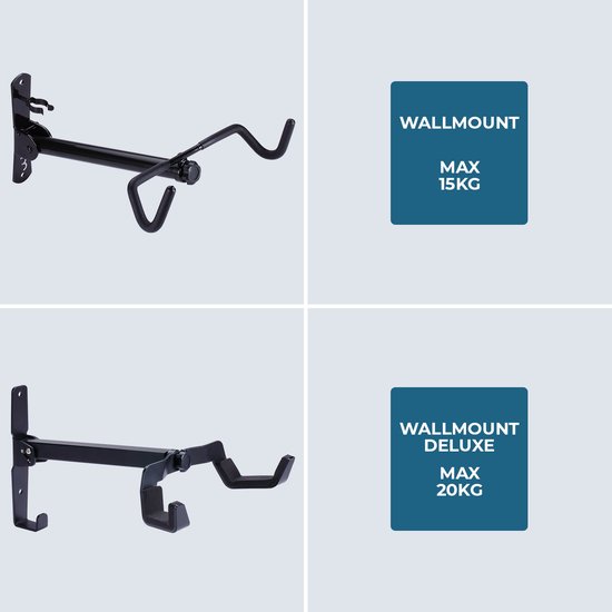 Twee zwarte fietsophangsystemen voor aan de muur, één voor max 15kg, de ander voor max 20kg.