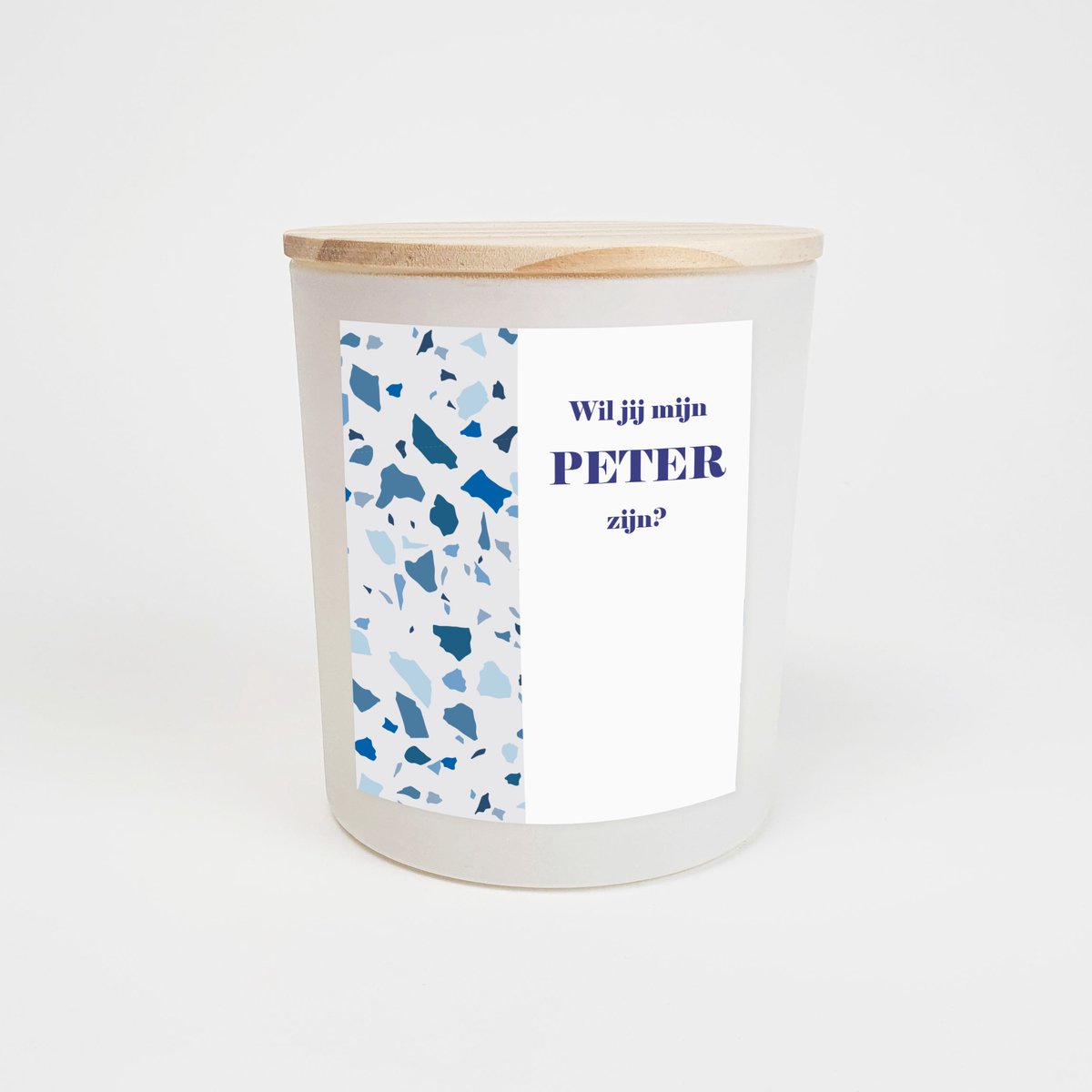Geurkaars in glas - Peter vragen - Wil jij mijn peter zijn - Geurkaarsen geschenkset - Geurkaars - WIT - Blue terrazzo design