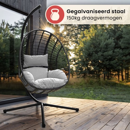 Swoods XXL Egg Hangstoel met Standaard – Hangstoel voor Buiten en Binnen – Egg Chair – Ei Stoel – tot 150 kg – Incl. Kussens