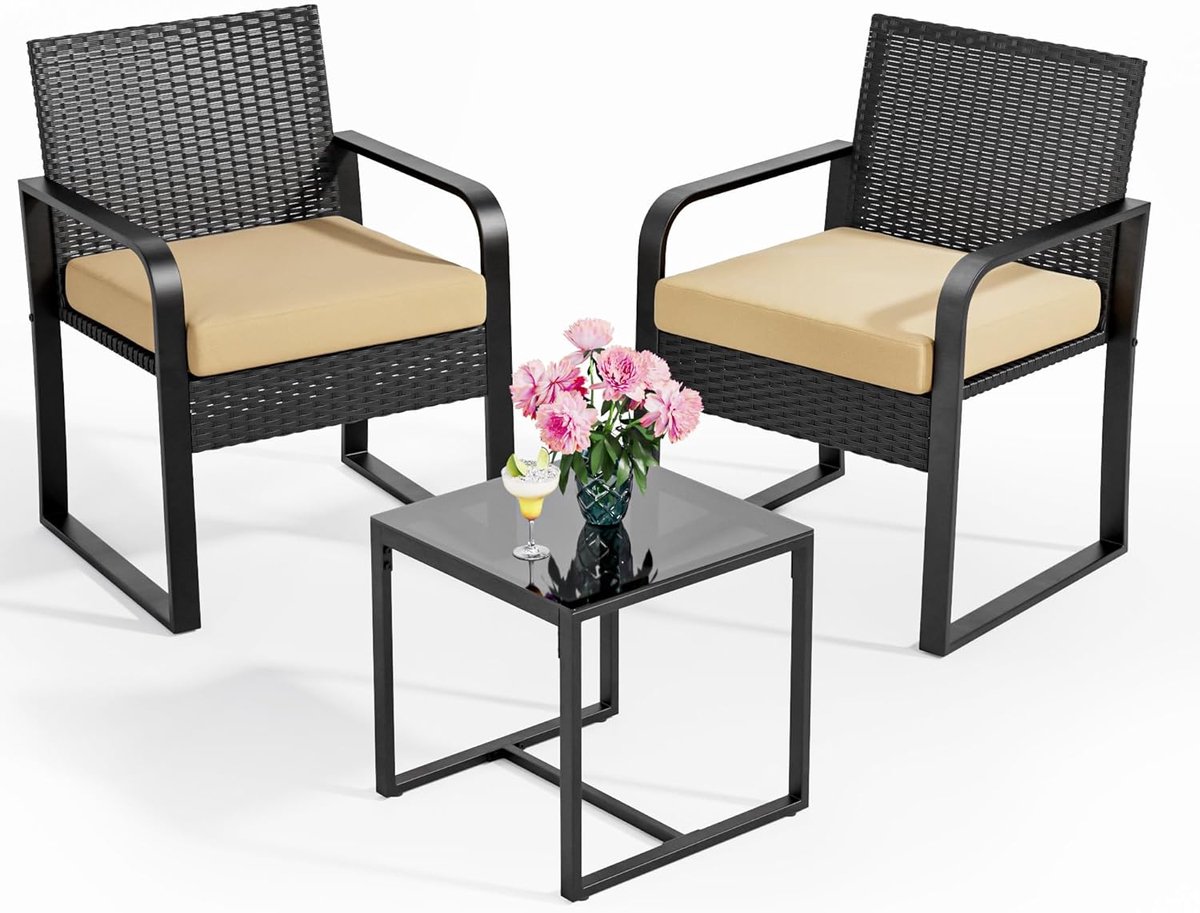 Lounge Rotan Tuinmeubelset voor Balkon | 3-delig Zitmeubilair voor 2 Personen