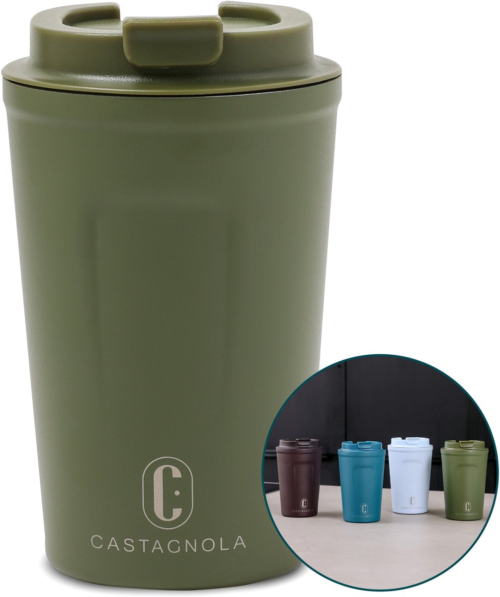 Castagnola Thermosbeker - Koffiebeker To Go - Travel Mug voor Koffie en Thee - Theebeker - 380 ML - RVS - Groen