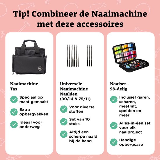 Crafts&Co Naaimachine voor Beginners en Kinderen Set - 12 Naaipatronen - Lichtgewicht - Hobby & Creatief - Kindernaaimachine - Naaiset - Sewing Machine - DIY - Interactief en Educatief Speelgoed - Cadeau voor Meisjes - 8, 9, 10, 11, 12, 13 Jaar - Wit