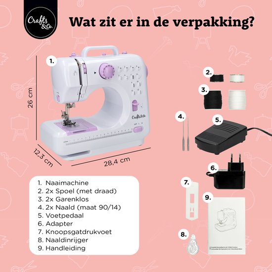 Crafts&Co Naaimachine voor Beginners en Kinderen Set - 12 Naaipatronen - Lichtgewicht - Hobby & Creatief - Kindernaaimachine - Naaiset - Sewing Machine - DIY - Interactief en Educatief Speelgoed - Cadeau voor Meisjes - 8, 9, 10, 11, 12, 13 Jaar - Wit