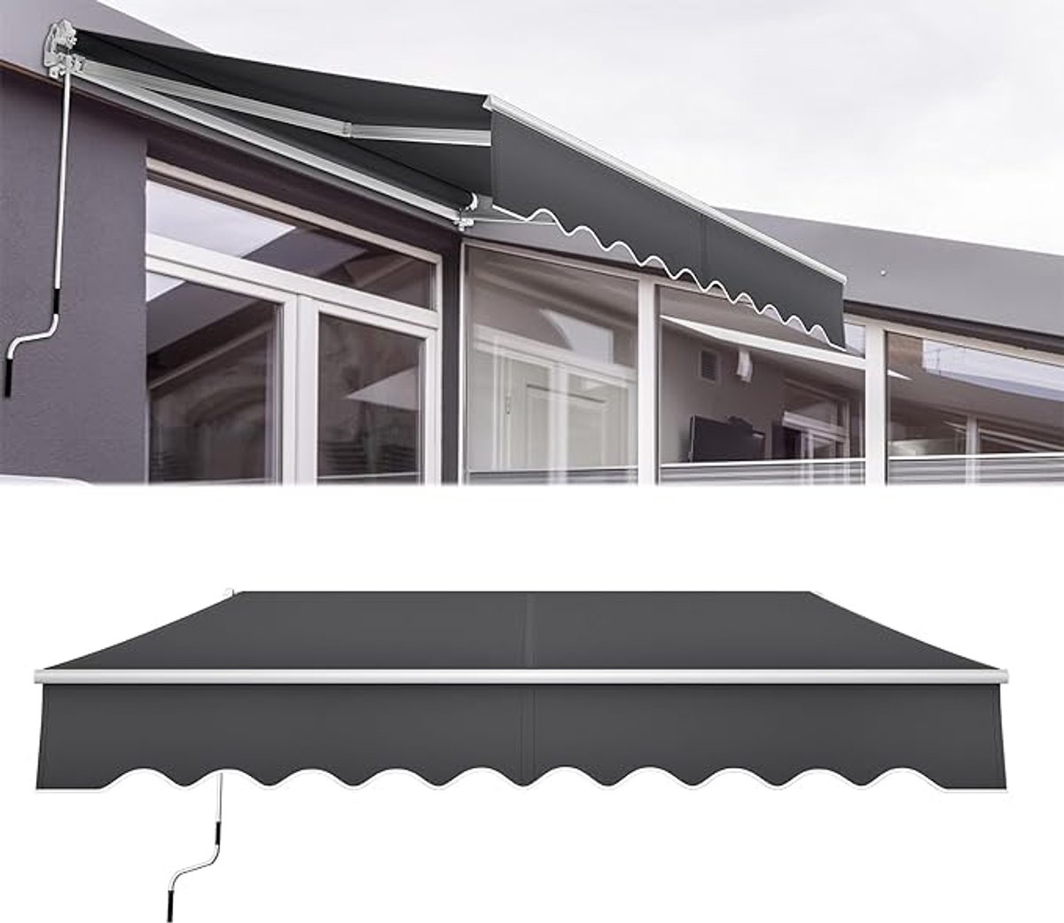 NAIZY klaparm zonnescherm 3,6x3m zonwering balkon aluminium luifel polyester waterdichte klem zonnescherm anti-UV privacy scherm voor balkon terras, donkergrijs
