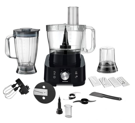 Zwarte Heinner keukenmachine met blender, hakmolen, mixer, snijbladen, deeghaak en spatel.