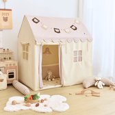 Fluvio Speeltent – Speelhuisje Jongens en Meisjes – Inclusief Zachte Speelmat – Lichtjes en Vlaggetjes – Speelhuis met Gordijntjes – 120×80×128cm – Beige