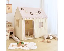 Fluvio Speeltent – Speelhuisje Jongens en Meisjes – Inclusief Zachte Speelmat – Lichtjes en Vlaggetjes – Speelhuis met Gordijntjes – 120×80×128cm – Beige