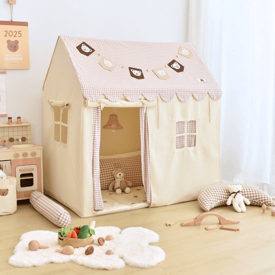 Fluvio Speeltent – Speelhuisje Jongens en Meisjes – Inclusief Zachte Speelmat – Lichtjes en Vlaggetjes – Speelhuis met Gordijntjes – 120×80×128cm – Beige