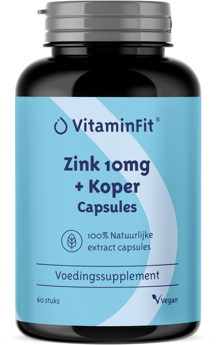 Goedkoopste VitaminFit Zink 10mg Koper Capsules - 100 Natuurlijk & Plantaardig - 60 Capsules