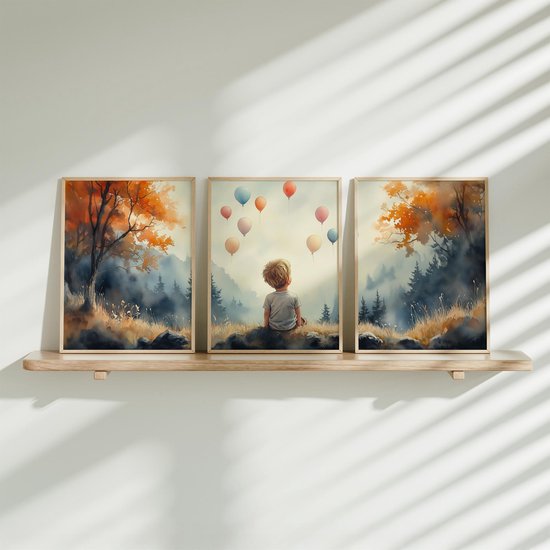FineArtia - Jongen tussen bomen en bergen met kleurrijke ballonnen - 3 stuks - 30 x 40 cm - Poster set - Jongenskamer - Babykamer - Babyshower Cadeau - Wanddecoratie - Kinderkamer decoratie - Muurdecoratie - Kinderposter - Zonder Lijst