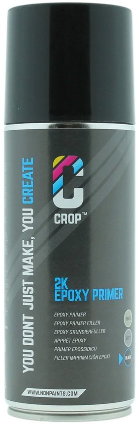 Zwarte spuitbus '2K EPOXY PRIMER' van CROP met logo en productinformatie.