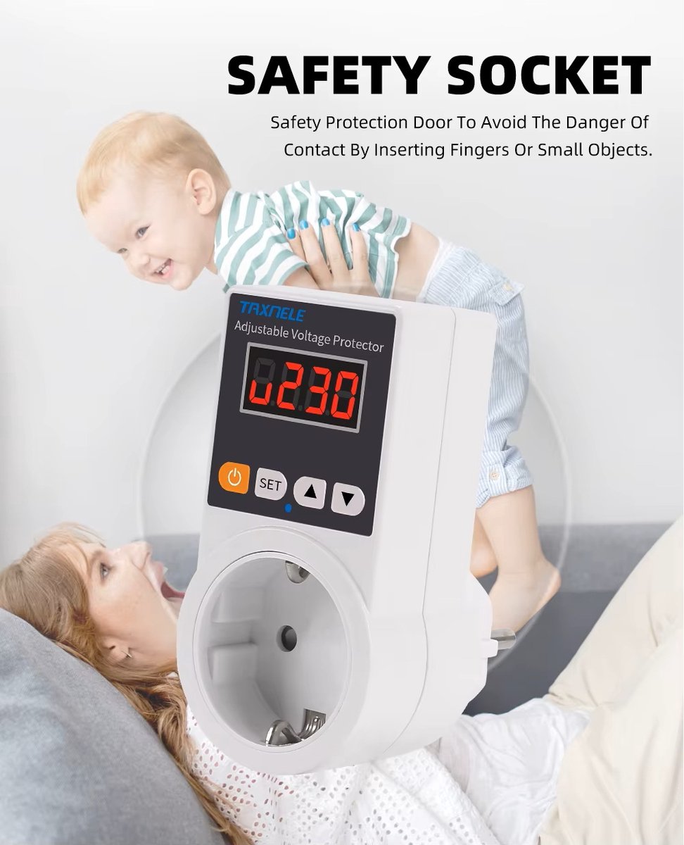 Han‑Bar® Automatische Spanningsbeschermer – Overspanningsbeveiliging & Onderspanningsbeveiliging – Instelbaar 140–300V – 5–999s Hersteltijd – 16A / 3680W