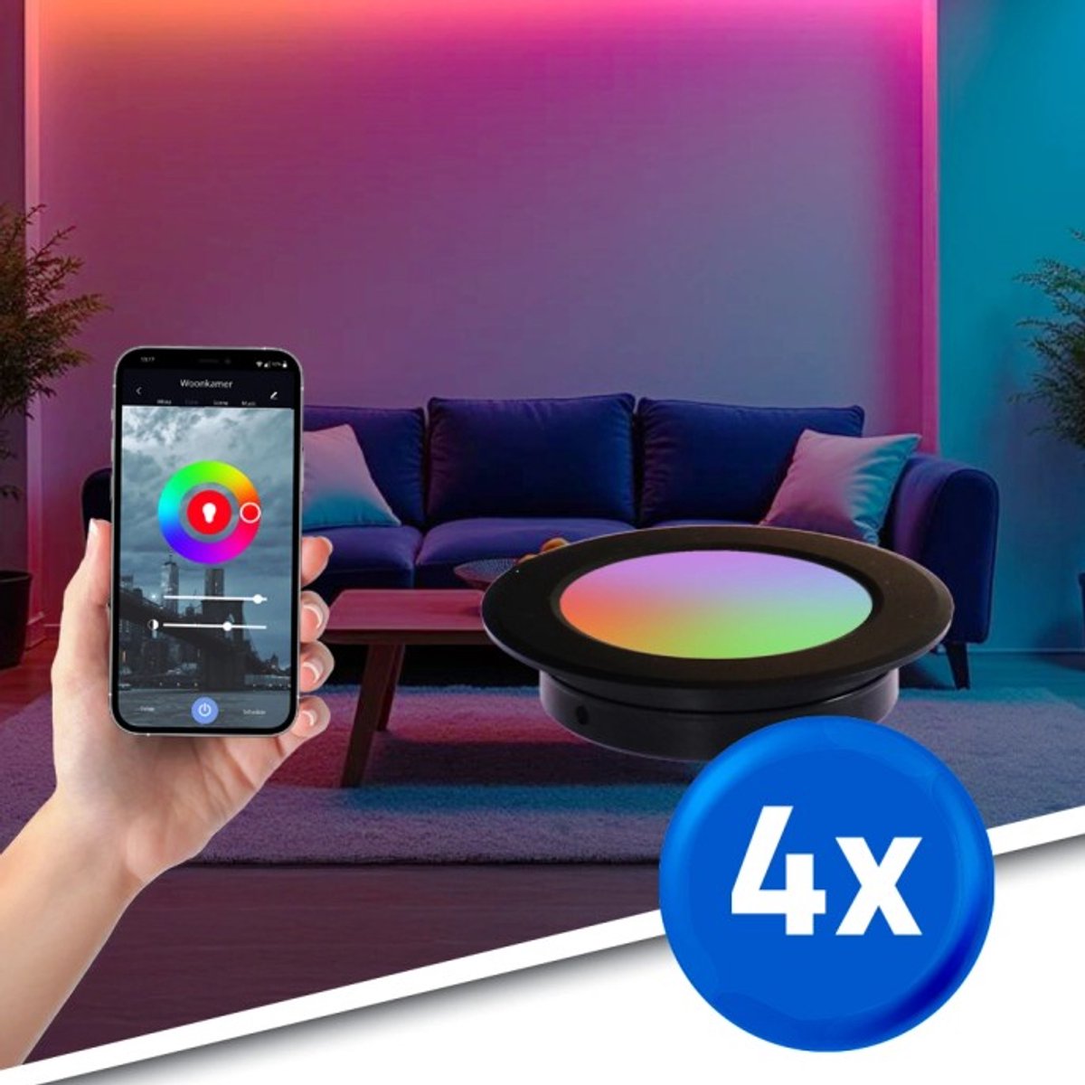 Inbouwspot Led RGBWW - Set van 4 losse spots - Zwart - Zeer dun design - Werkt op wifi