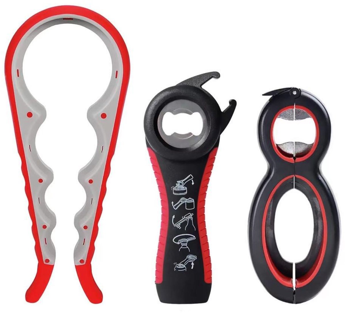 Pottenopener - Allesopener - Multifunctionele Opener - Potopener - Keuken Hulp - Flesopener - Bieropener –Pottenopener – Hulpmiddelen voor Ouderen - Zwart/Rood