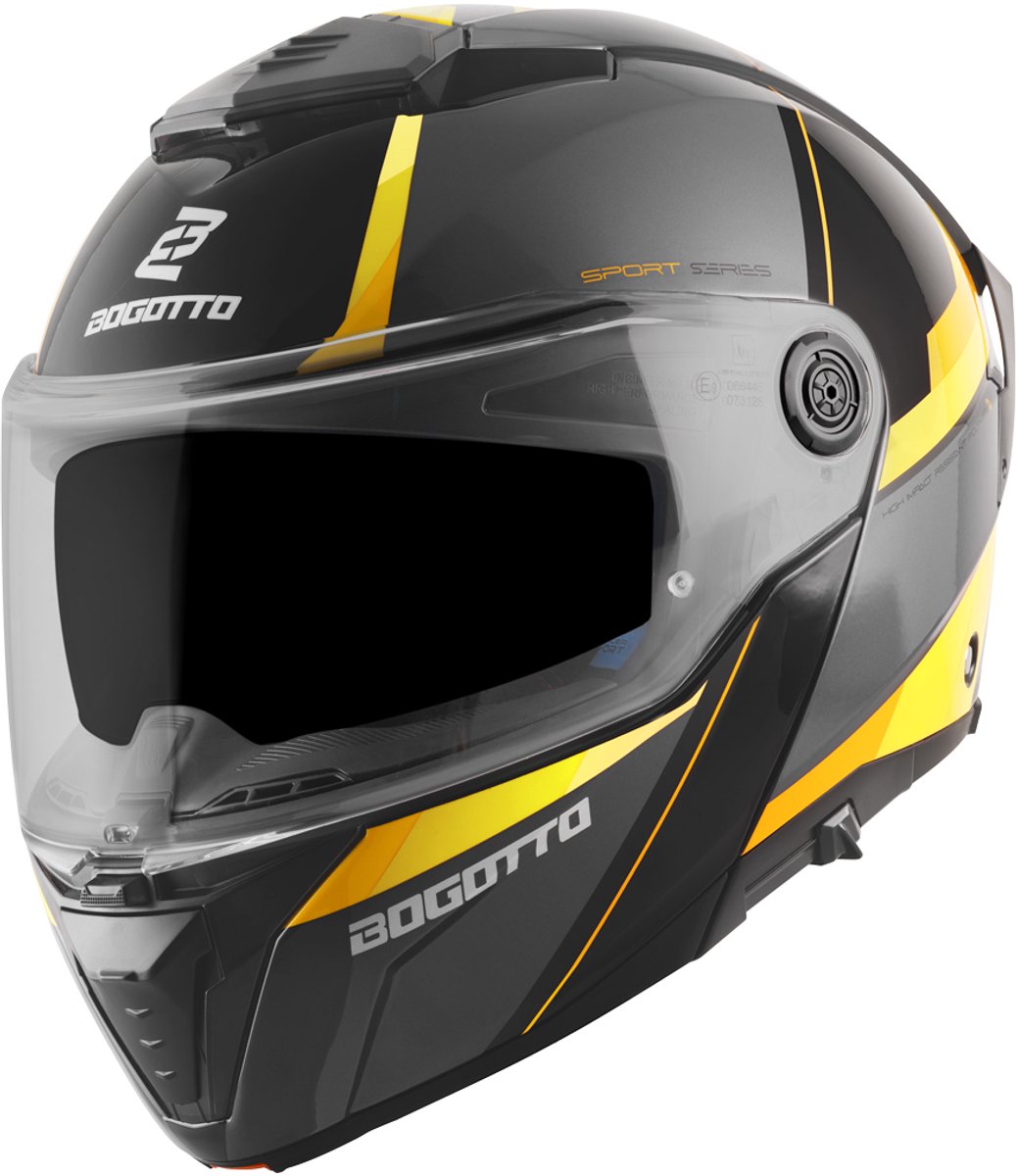 Bogotto FF404 Ezion Zwart Geel Systeemhelm - Maat XS - Helm